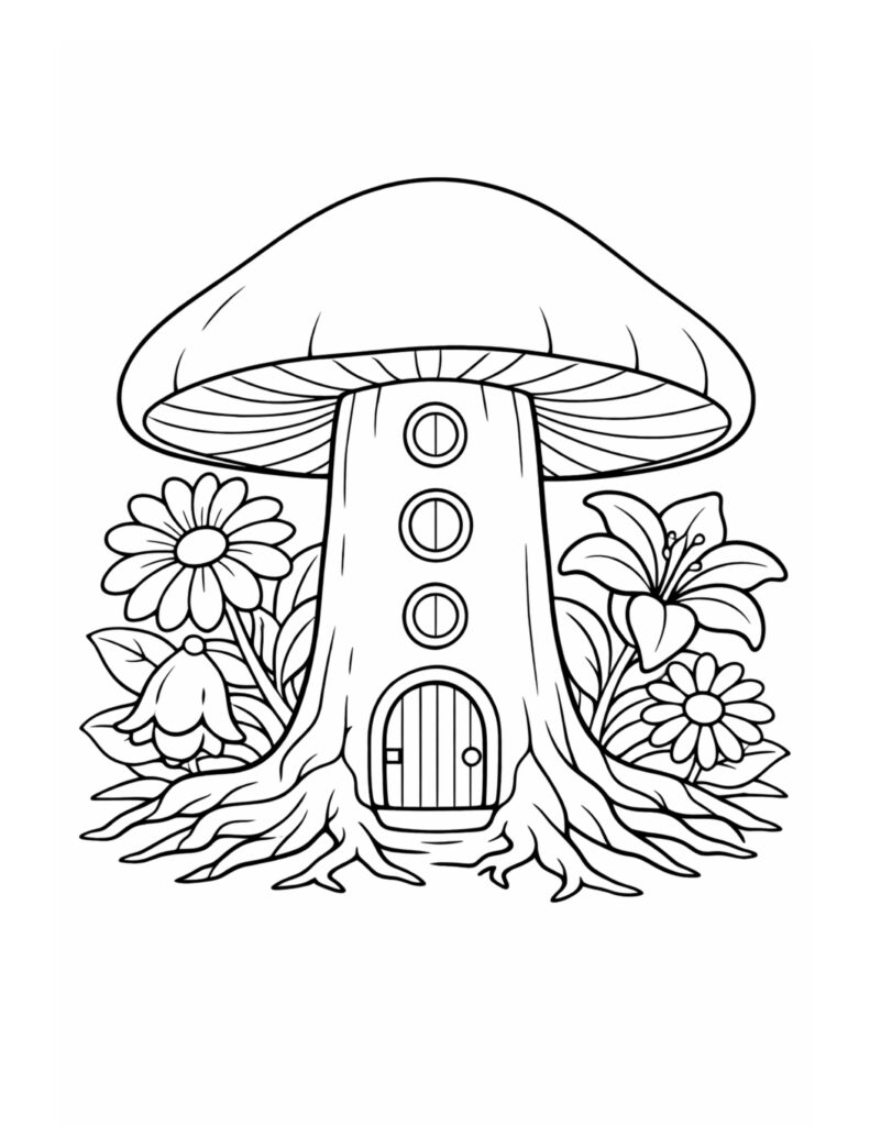 mushroom house with garden flowers coloring page with a big cap roof, three round windows, a small door, and flowers coloring page