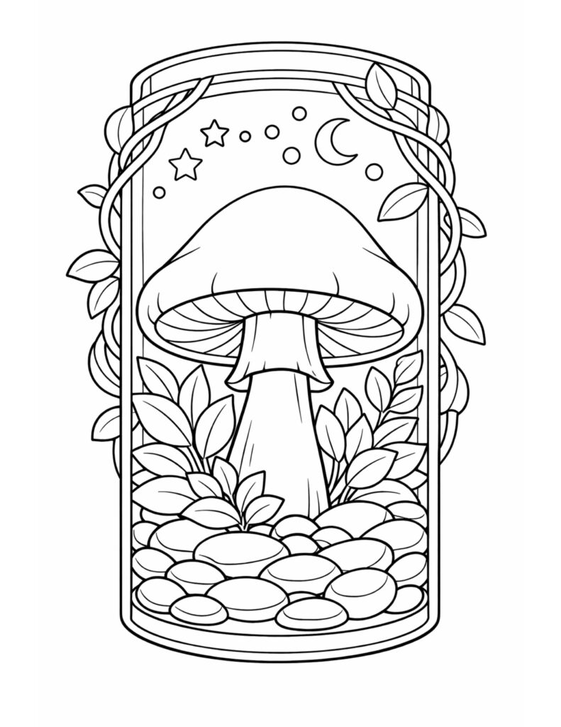 mushroom in moonlit jar coloring page with vine border, leafy plants, smooth pebbles, stars, and moon coloring page