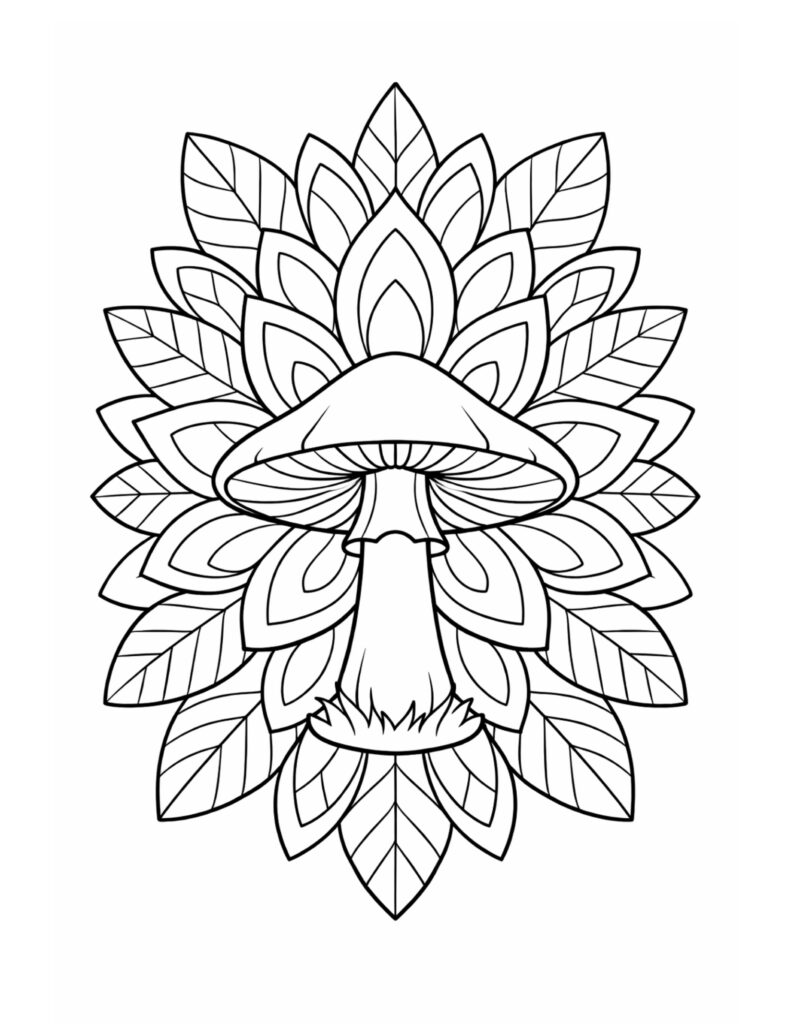 mushroom mandala leaf pattern coloring page with a centered mushroom, layered leaf petals, and bold outlines coloring page