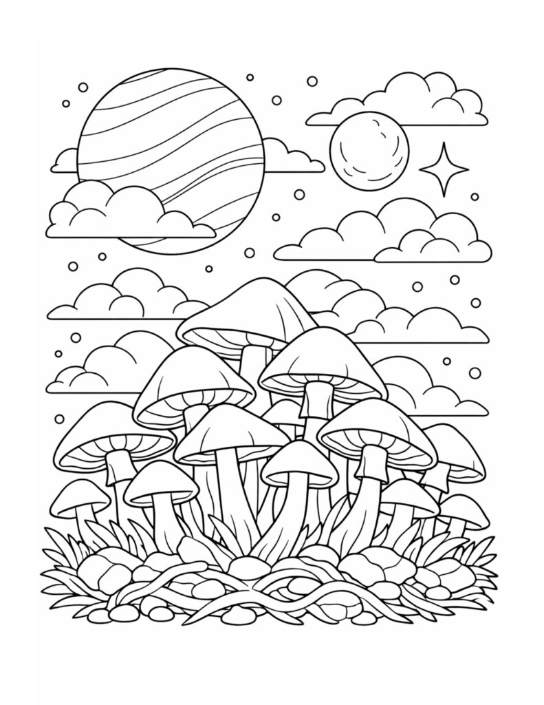 mushroom patch under cloudy planet coloring page with a striped planet, moon, clouds, and many mushrooms coloring page