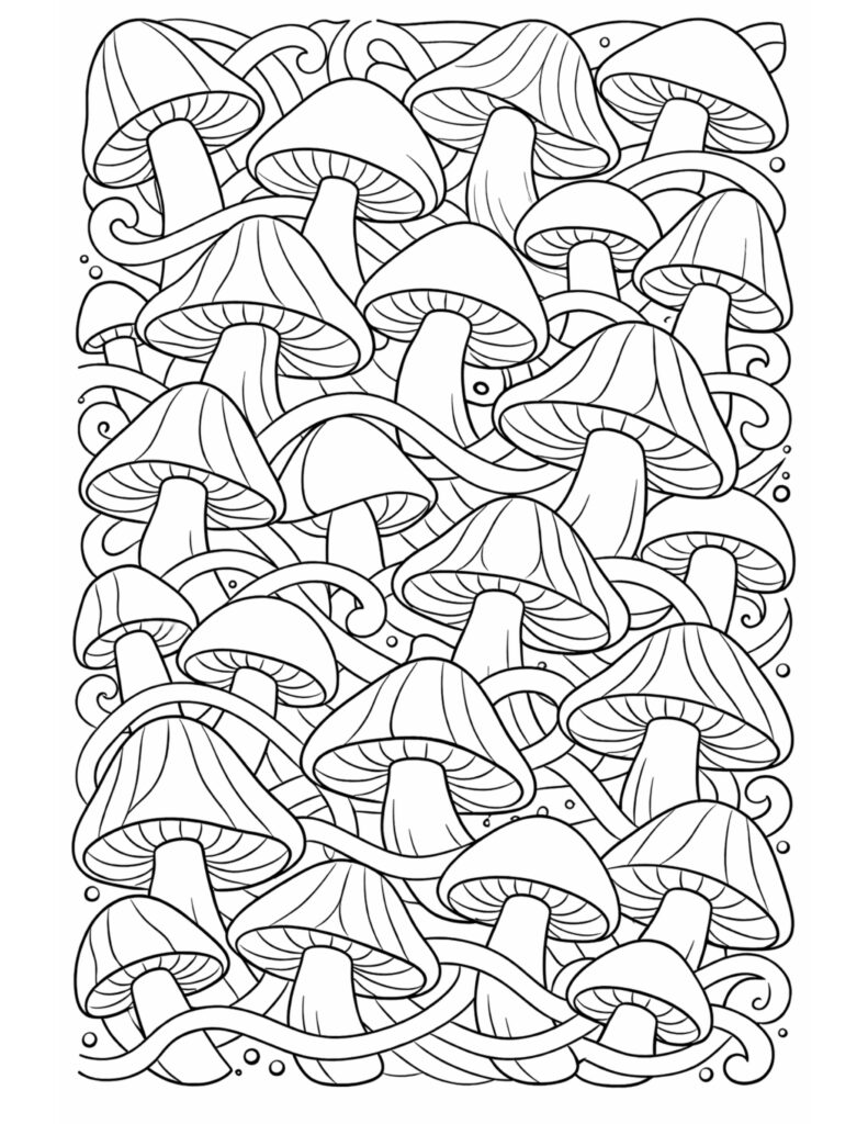 mushroom pattern with swirling vines coloring page with overlapping mushroom caps, curved stems, and swirling ribbons coloring page