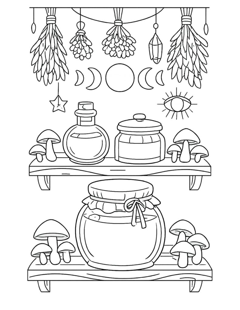 mushroom potion shelf moon phases coloring page with jars, hanging herbs, shelves, and moon symbols coloring page
