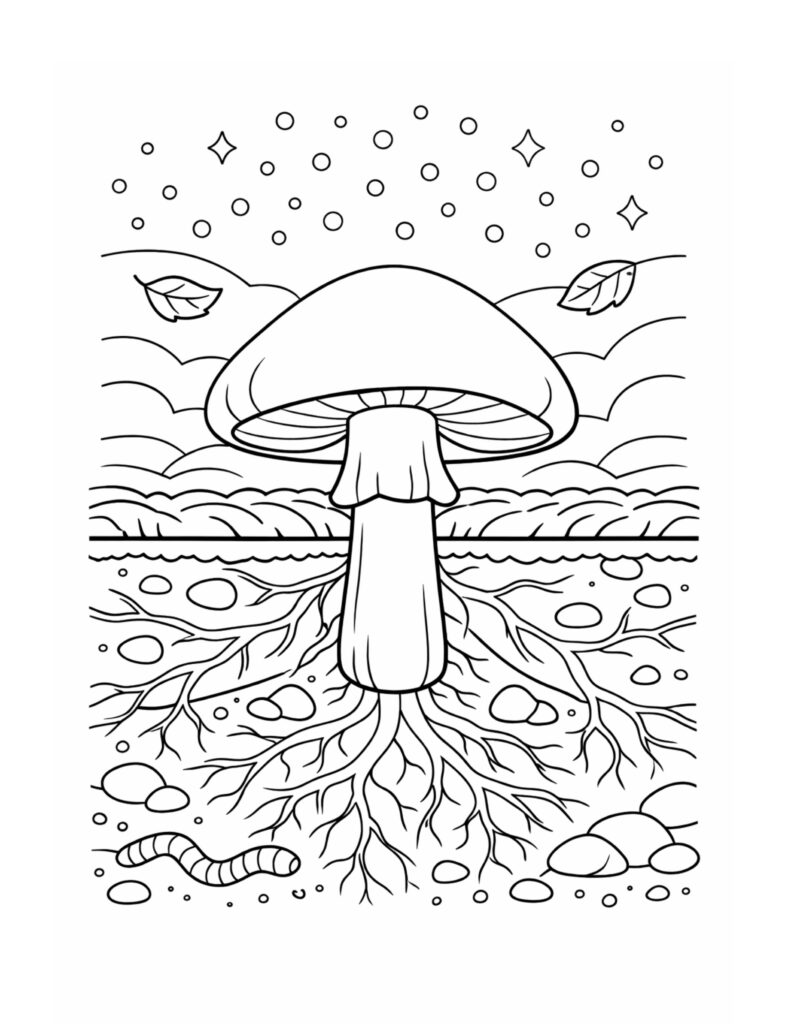 mushroom showing underground roots coloring page with soil layers, stones, falling leaves, and a worm coloring page