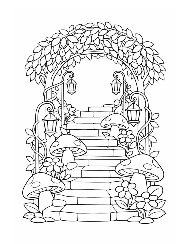 mushroom staircase under leafy arch coloring page with stone steps, hanging lanterns, and flowers coloring page