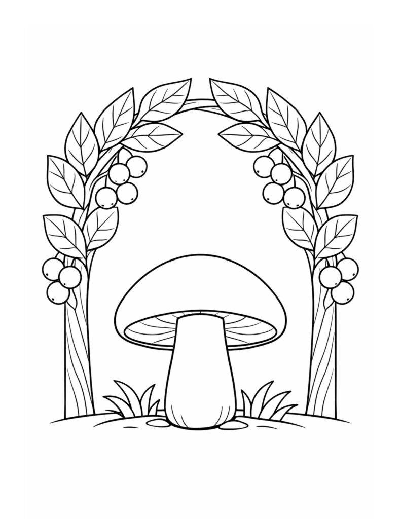 mushroom under berry leaf arch coloring page with a centered mushroom, leafy arch, and berry clusters coloring page