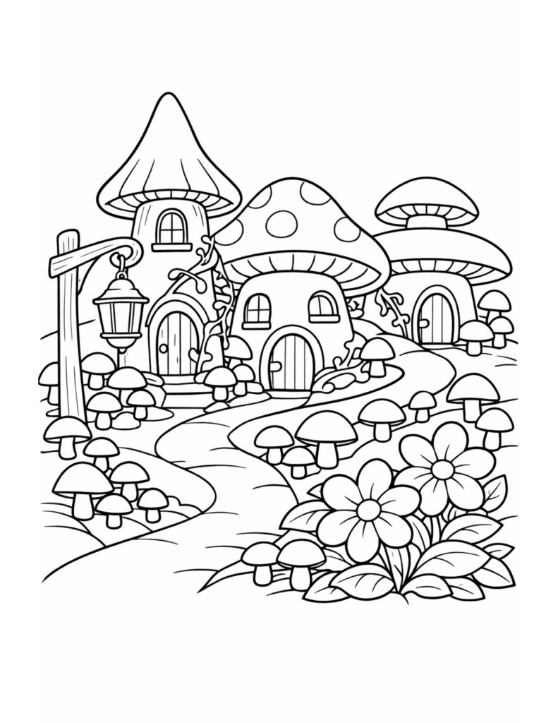 mushroom village pathway coloring page with mushroom houses, winding path, lantern, flowers, and small mushrooms coloring page