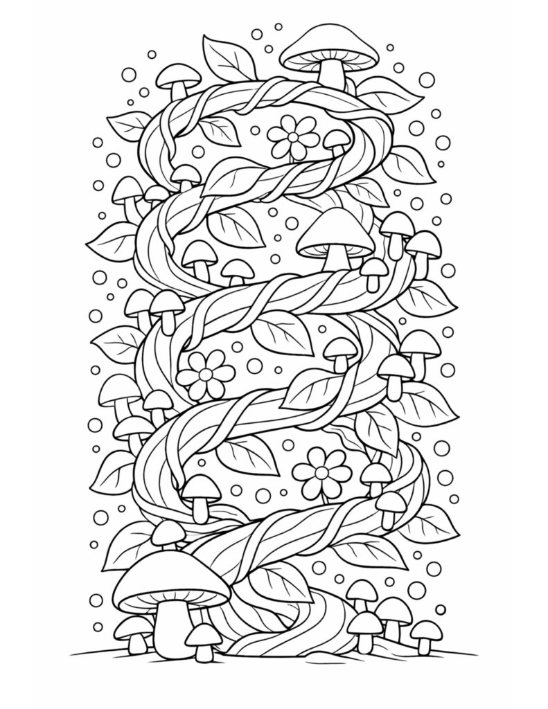 mushroom vine with flowers coloring page with twisting vine, leaves, small blooms, and mushrooms