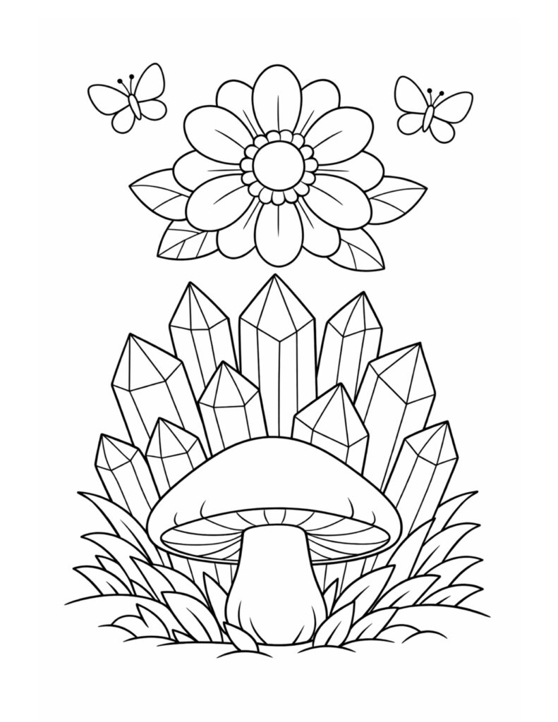 mushroom with crystal garden flower coloring page featuring crystal points, a large flower, butterflies, and grass coloring page