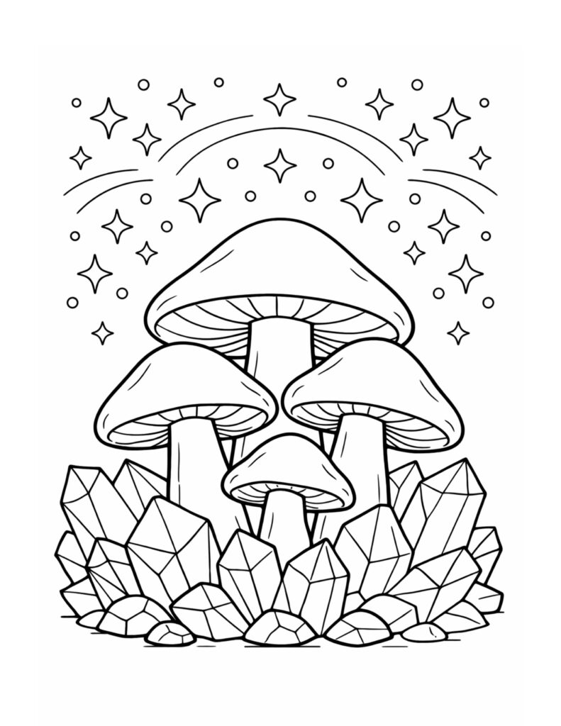 mushrooms growing among crystals coloring page with sparkling stars, a rainbow arc, and gem clusters coloring page