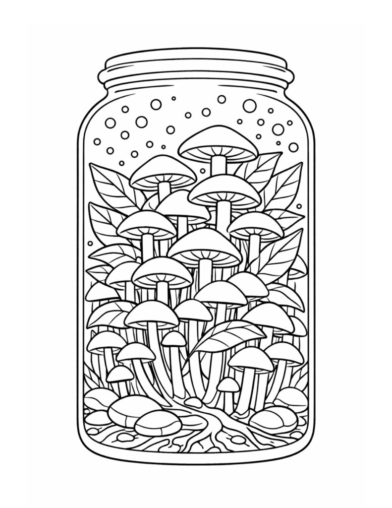 mushrooms growing in a jar coloring page with clustered caps leafy stems and floating bubbles coloring page