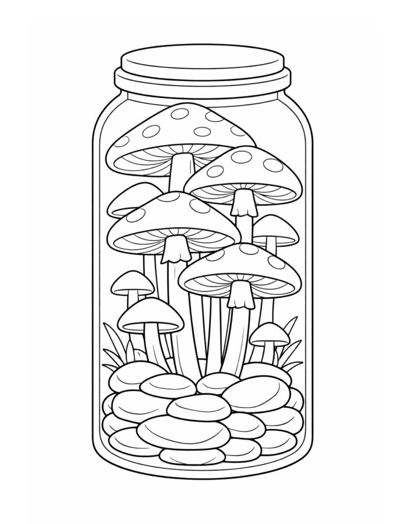 mushrooms in a glass jar coloring page with a tall jar, spotted caps, thin stems, and smooth stones coloring page