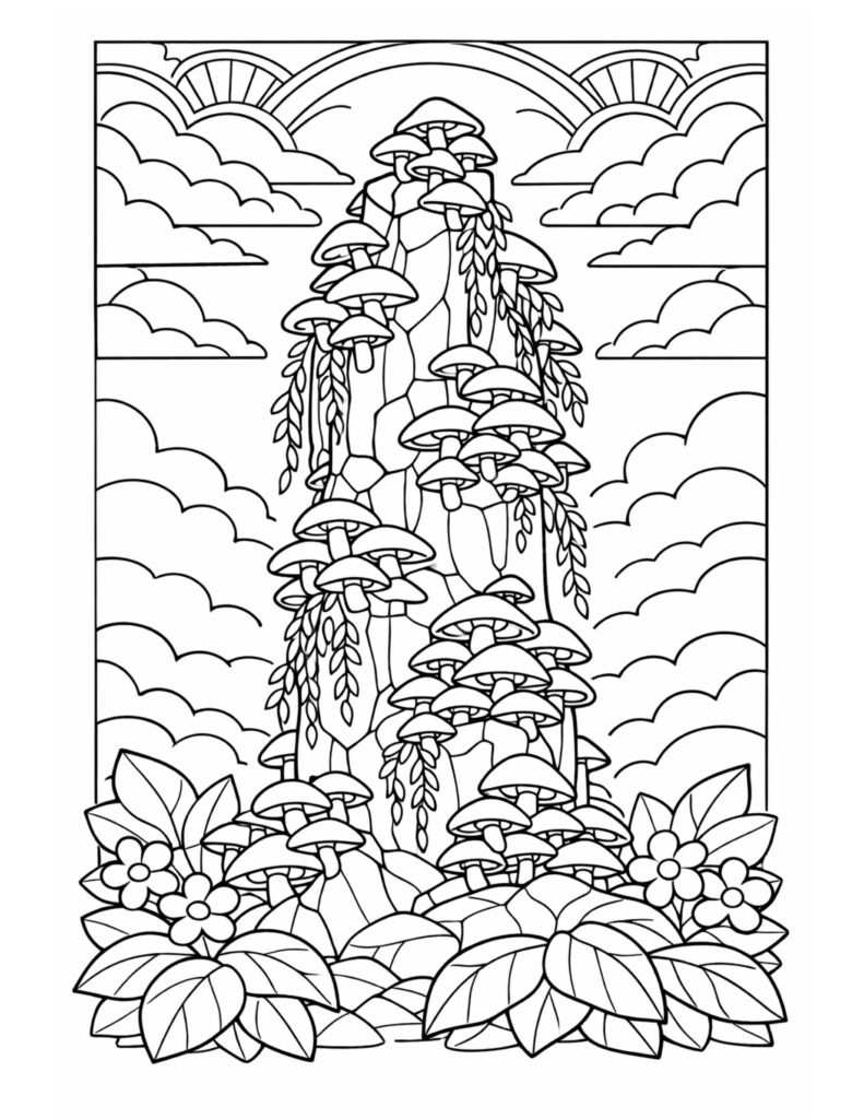 mushrooms on rocky tower coloring page with a tall rocky pillar, hanging vines, clouds, and flowers coloring page