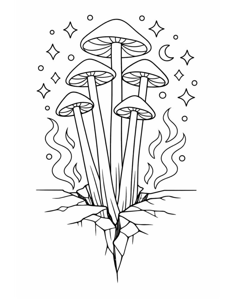 mushrooms sprouting from cracked ground coloring page with tall stems, sparkles, crescent moons, and smoky swirls coloring page