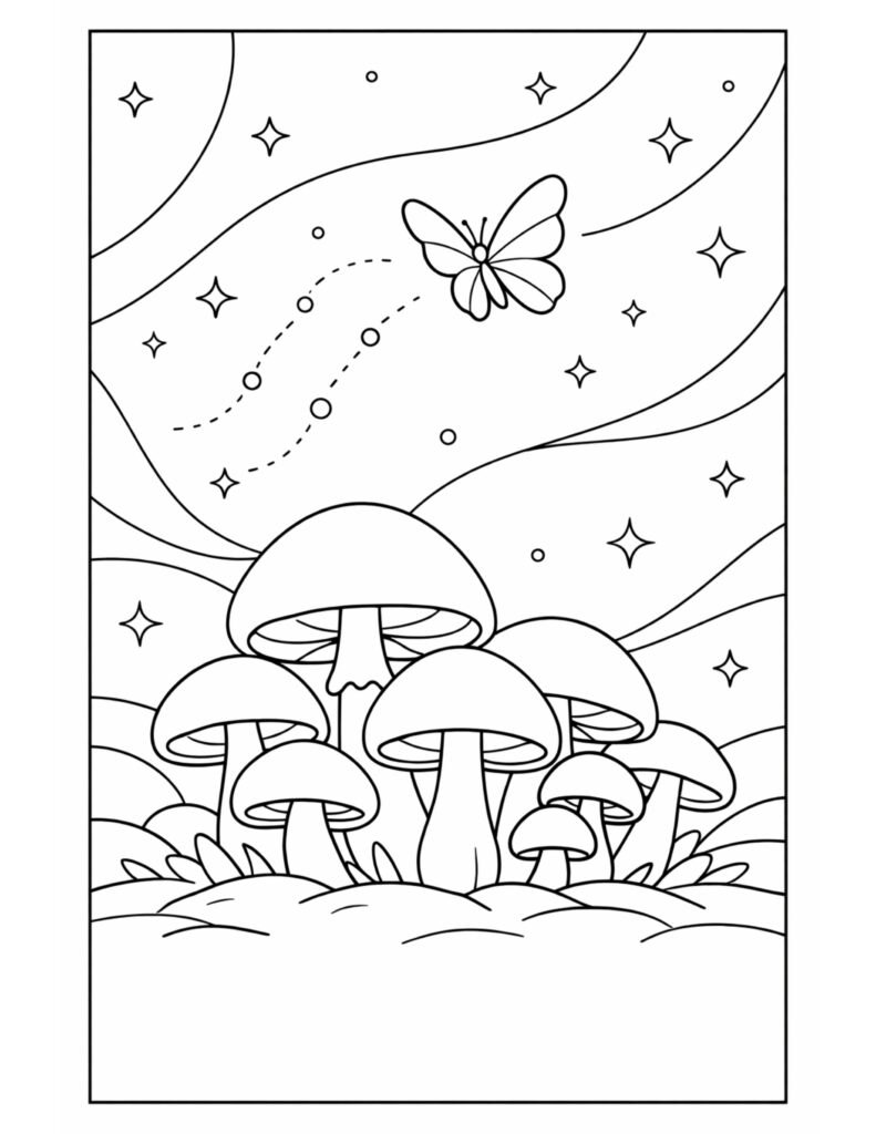 mushrooms under starry sky coloring page with a butterfly, sparkling stars, and flowing sky bands coloring page