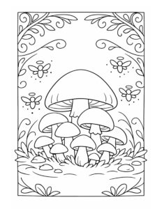 mushrooms with bees and vines coloring page featuring a mushroom cluster, leafy swirls, and tiny bees coloring page