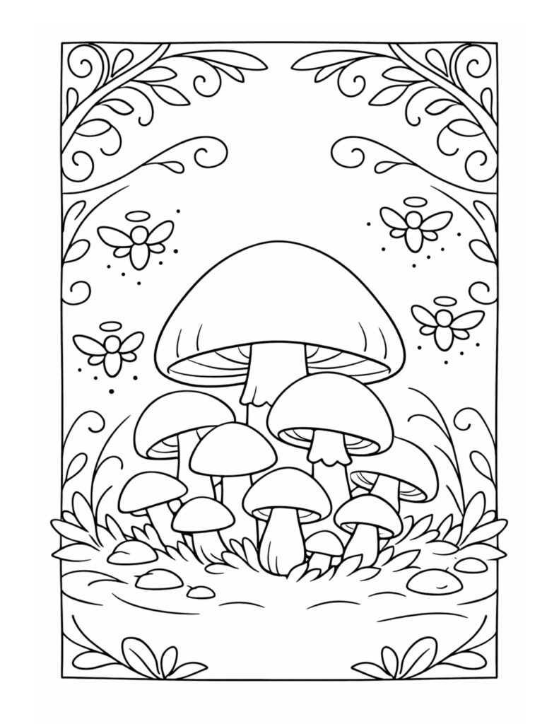 mushrooms with bees and vines coloring page featuring a mushroom cluster, leafy swirls, and tiny bees coloring page