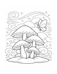 mushrooms with butterfly and swirls coloring page with scalloped caps, swirling lines, and floating dots coloring page