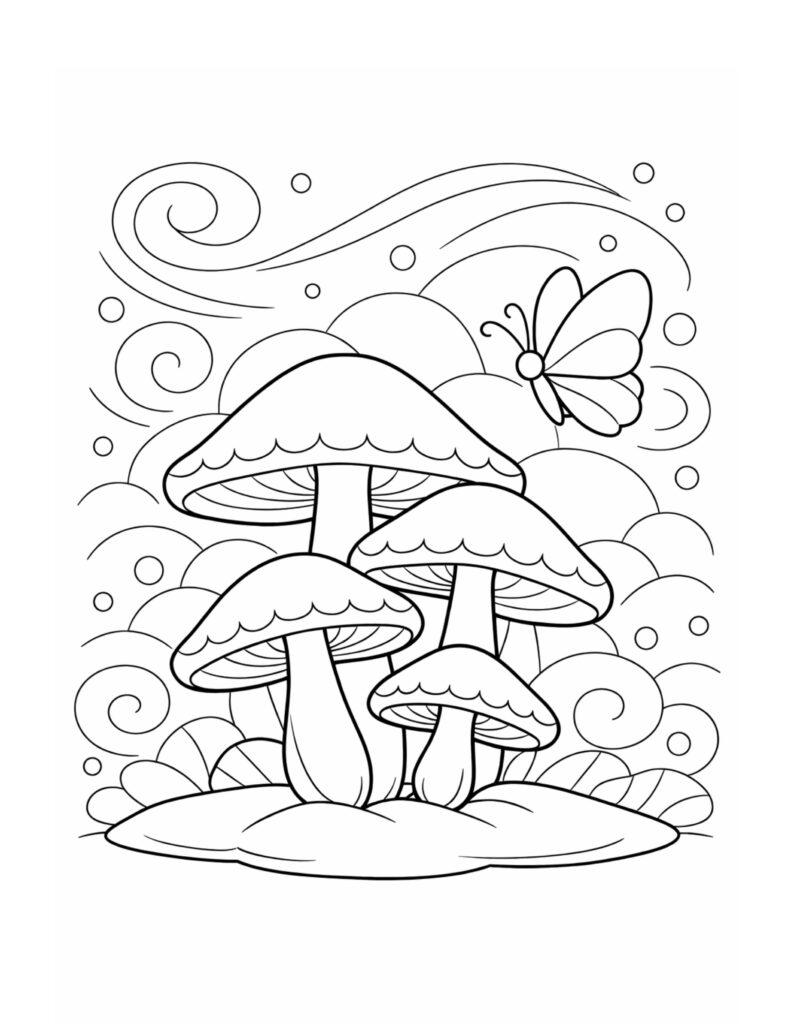 mushrooms with butterfly and swirls coloring page with scalloped caps, swirling lines, and floating dots coloring page