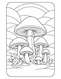 mushrooms with rainbow and snail coloring page with big mushroom caps, hills, and a smiling snail coloring page