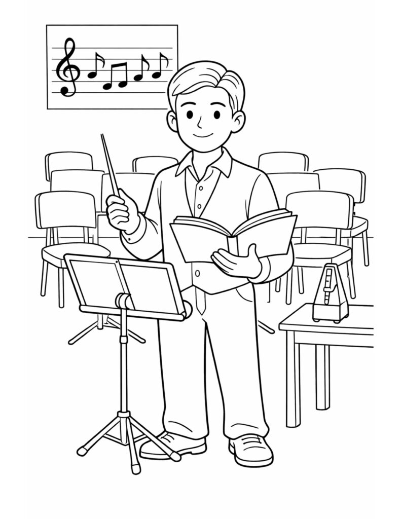 music conductor holding baton coloring page with a smiling conductor, music stand, chairs, and metronome coloring page