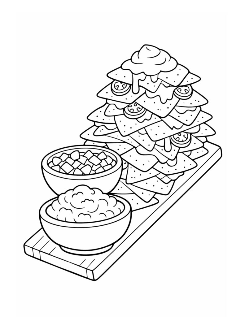 nachos tower with dipping bowls coloring page with layered chips, drippy cheese, tomato slices, and dips coloring page