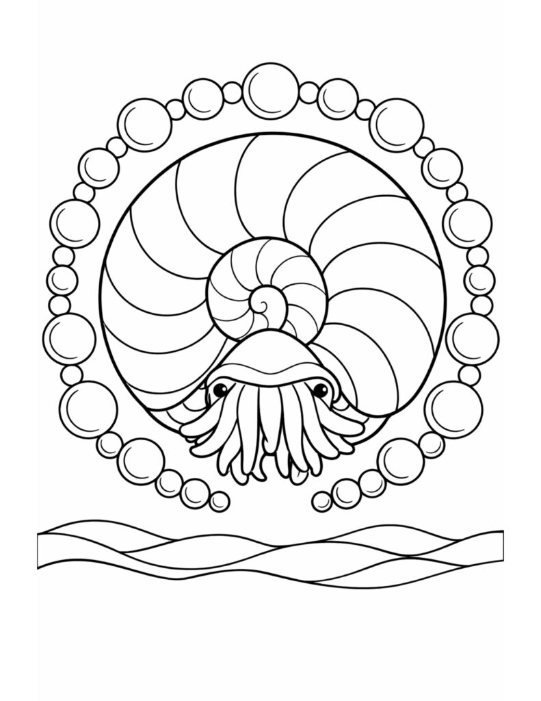 nautilus with bubbles underwater coloring page with spiral shell, cute tentacles, and ocean wave lines coloring page