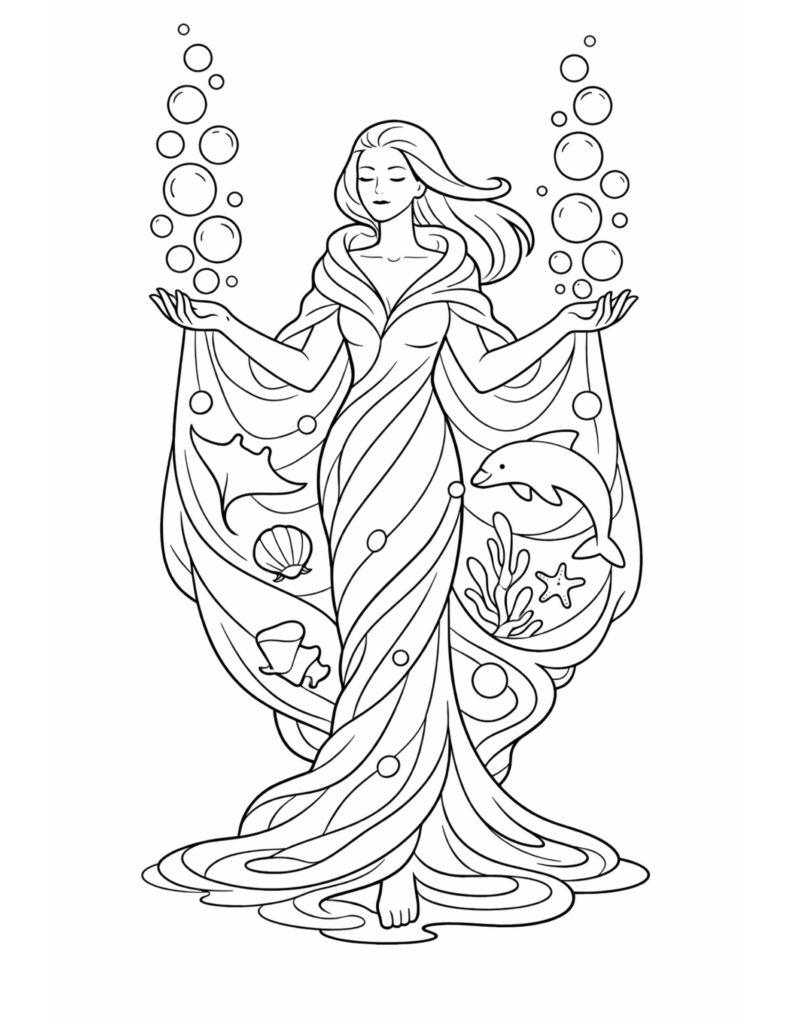 ocean goddess with dolphin coloring page featuring a flowing robe, bubbles, seashells, and sea creatures coloring page