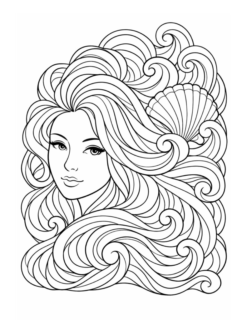 ocean wave hair with seashell coloring page showing an elegant woman portrait with flowing wave like hair coloring page
