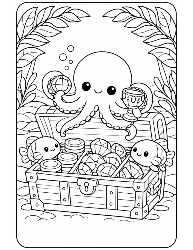 octopus with treasure chest coloring page with smiling octopus holding cups above coins and gems coloring page