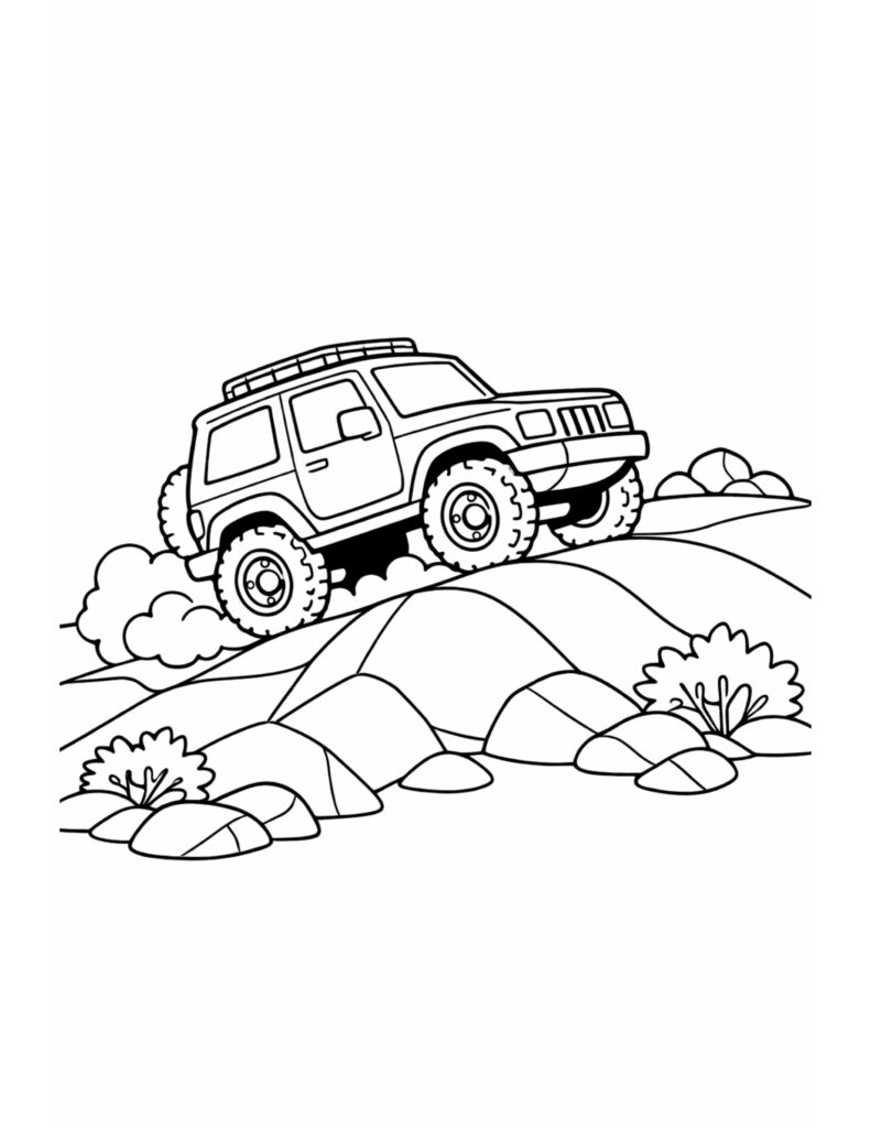 off road jeep climbing rocks coloring page with large tires and rocky landscape, adventure vehicle coloring page