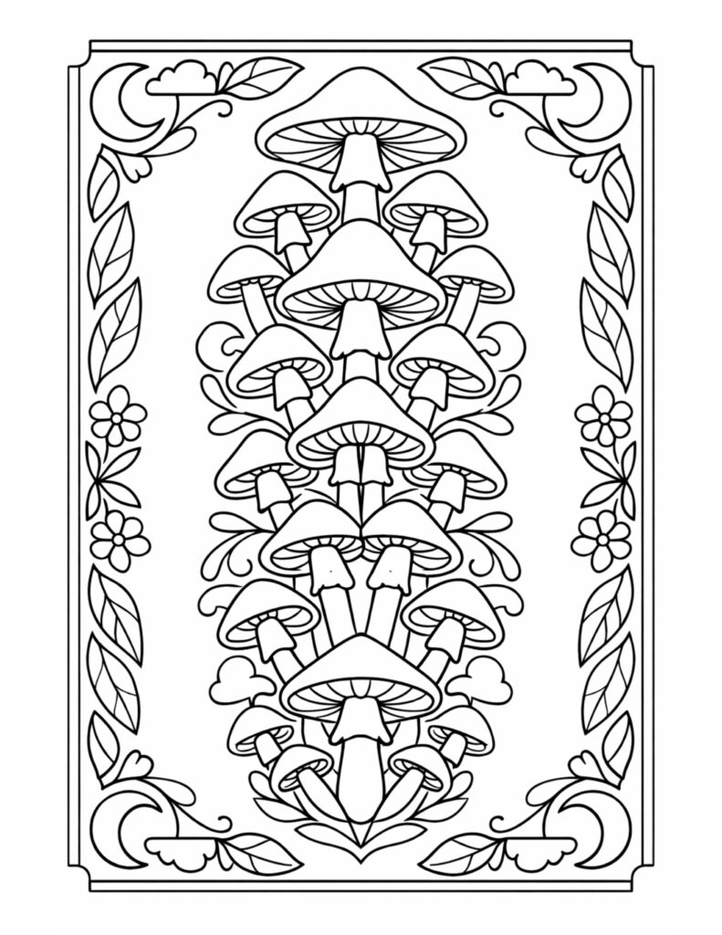 ornate mushroom column framed illustration coloring page with decorative border coloring page
