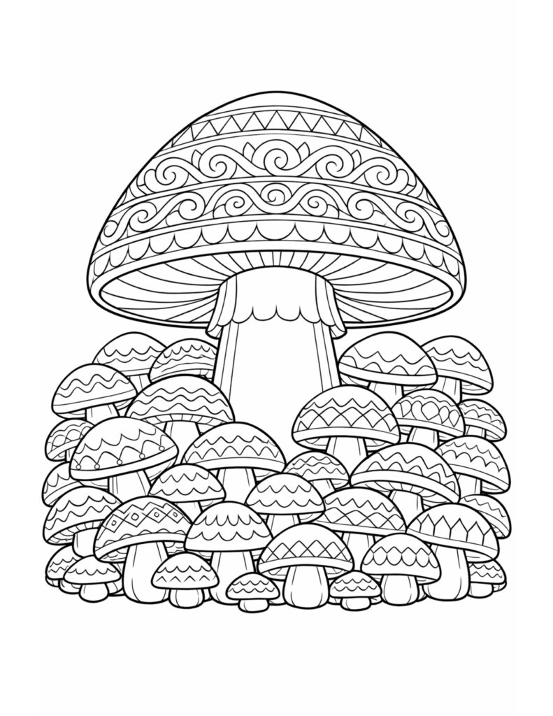 ornate patterned mushroom cluster coloring page featuring a large ornate cap above many patterned mushrooms coloring page
