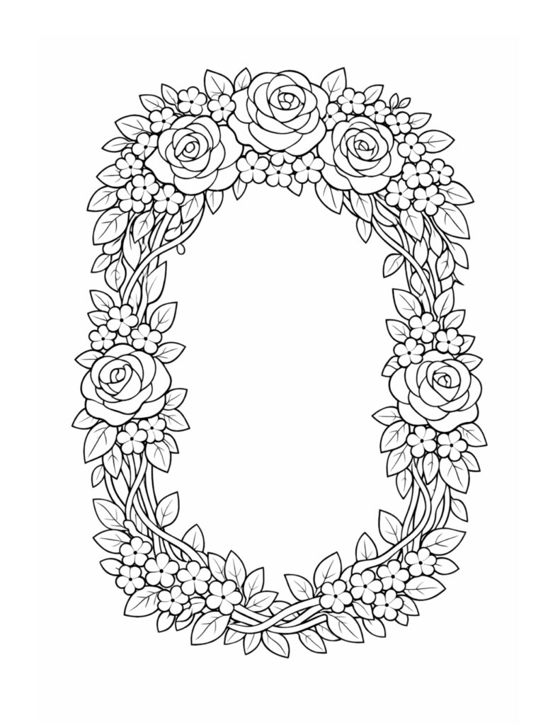 oval rose wreath frame coloring page with roses, small blossoms, and leafy vines coloring page