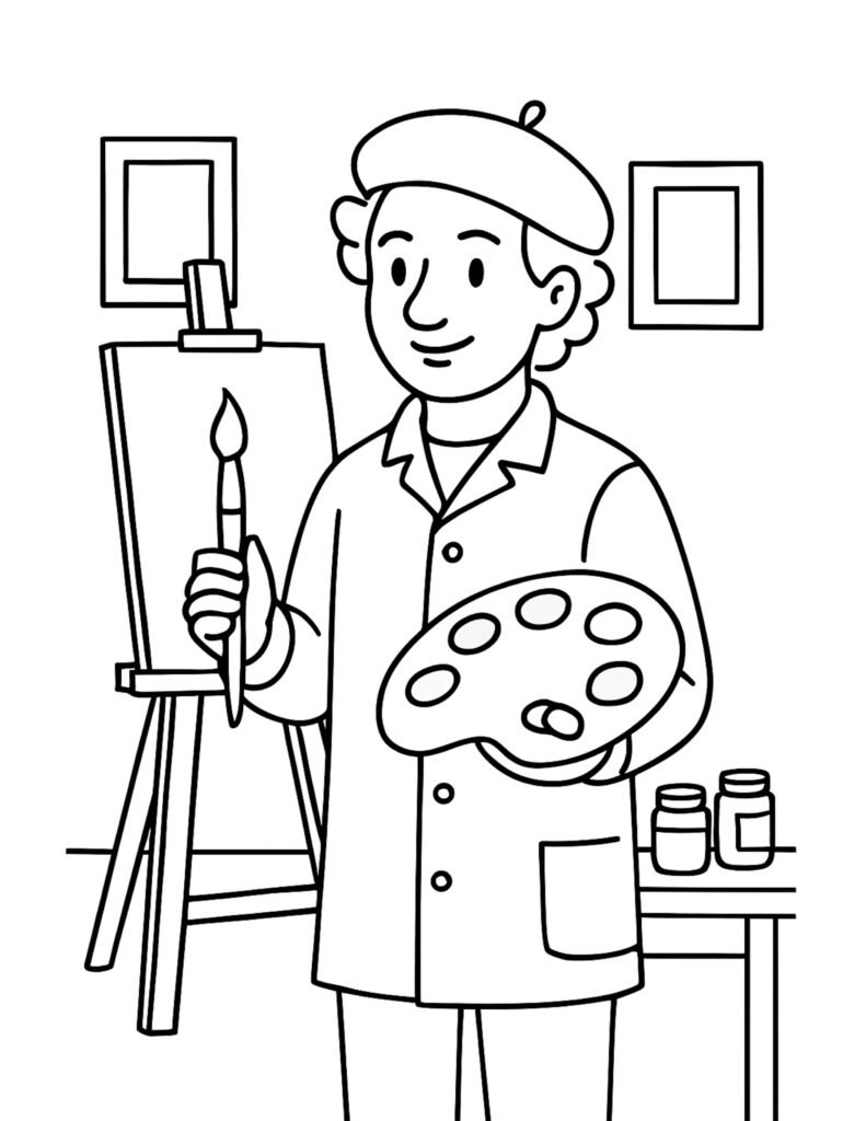 painter holding palette at easel coloring page showing an artist with a brush and paint palette coloring page