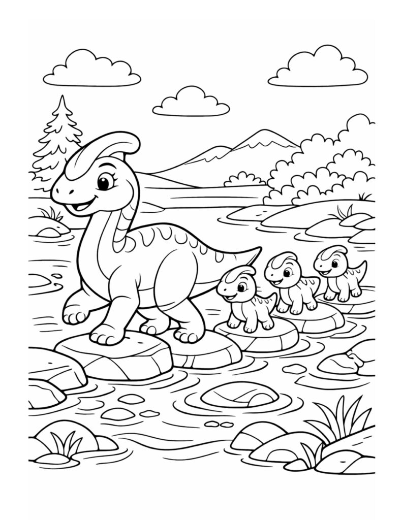 parasaurolophus leading babies across river coloring page showing a parent dino guiding three babies on stones coloring page