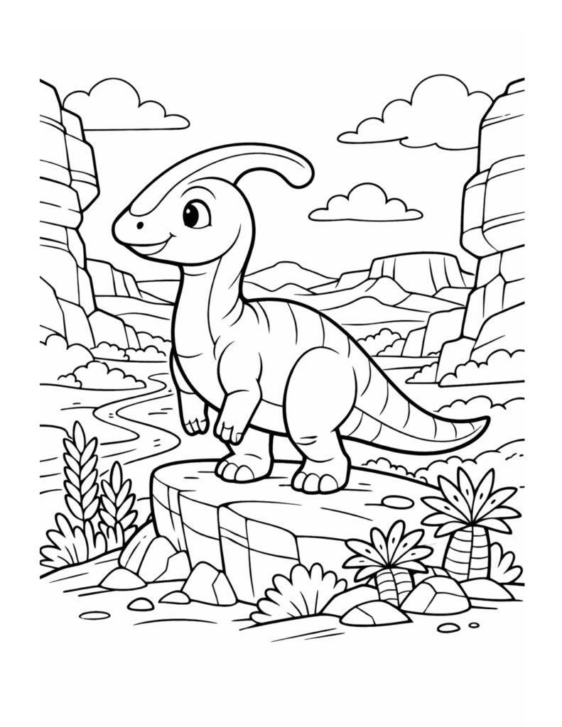 Parasaurolophus standing on a rock coloring page with canyon cliffs, plants, and clouds