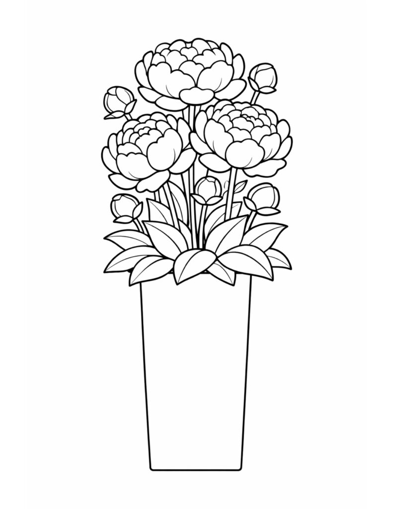 peony flowers in a pot coloring page with blooming petals and leaves in a tall planter coloring page