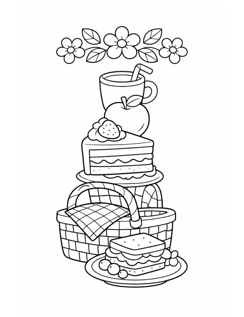 picnic basket cake tea coloring page with cake slice apple and picnic basket illustration coloring page