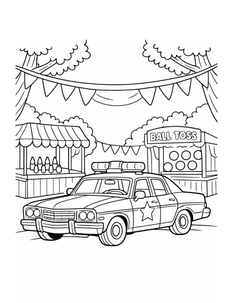 police car at carnival coloring page with a parked police car near fair booths coloring page