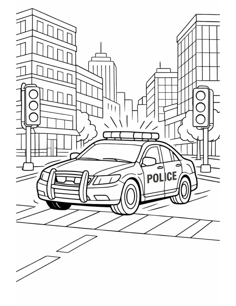 police car at city intersection coloring page with buildings traffic lights and urban street coloring page