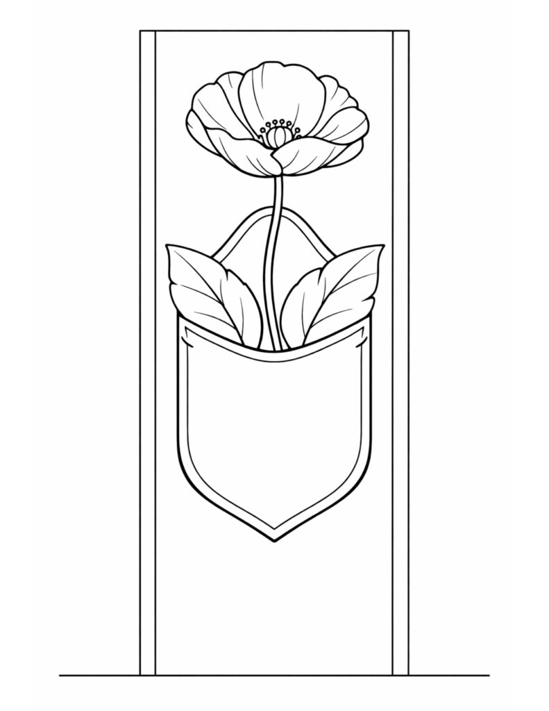 poppy in hanging pocket coloring page with a single bloom rising from a pocket planter inside a tall frame coloring page