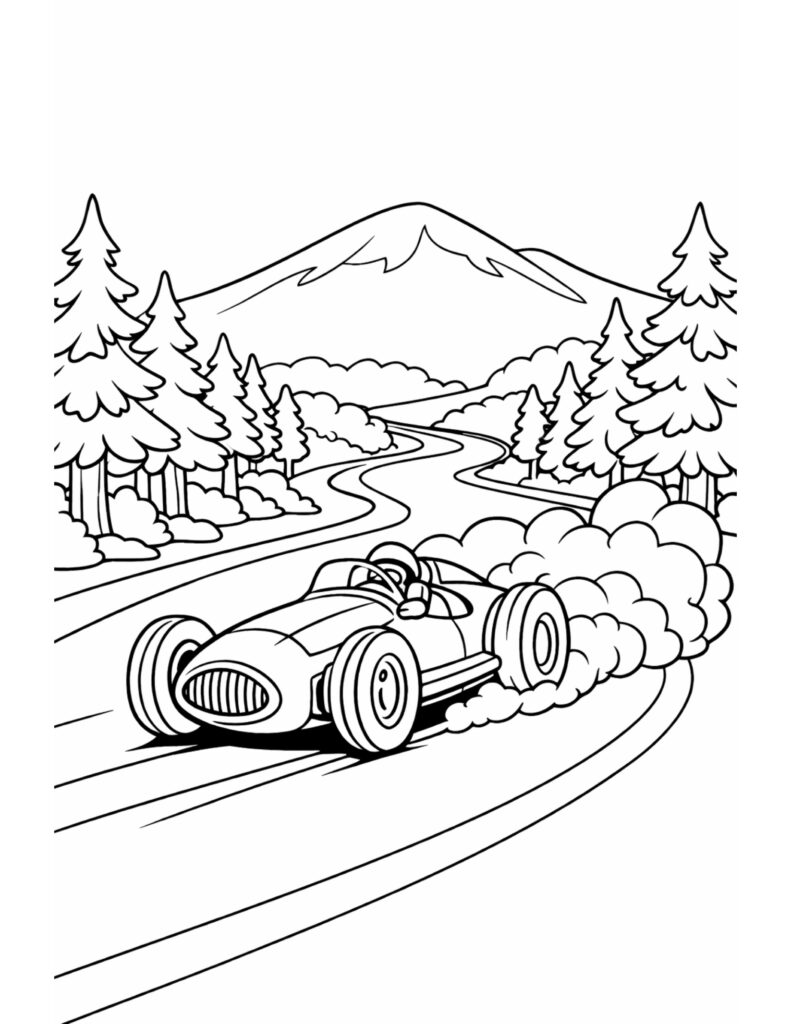 race car drifting on road coloring page with a winding forest road and mountain backdrop coloring page