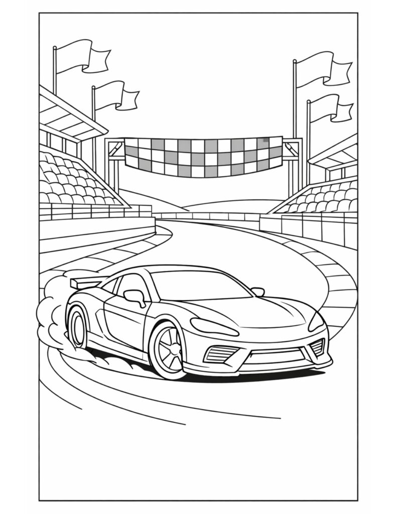 race car drifting on track coloring page with a sporty car sliding on a stadium curve coloring page
