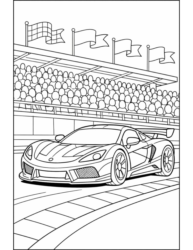race car on racetrack grandstand coloring page featuring a sleek sports car, cheering crowd, and flags