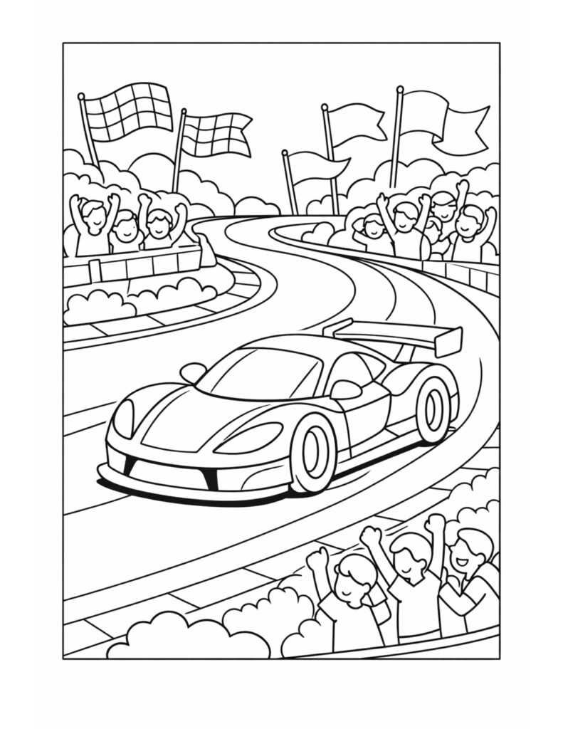 race car on winding track coloring page with cheering crowd and flags, dynamic racing scene coloring page