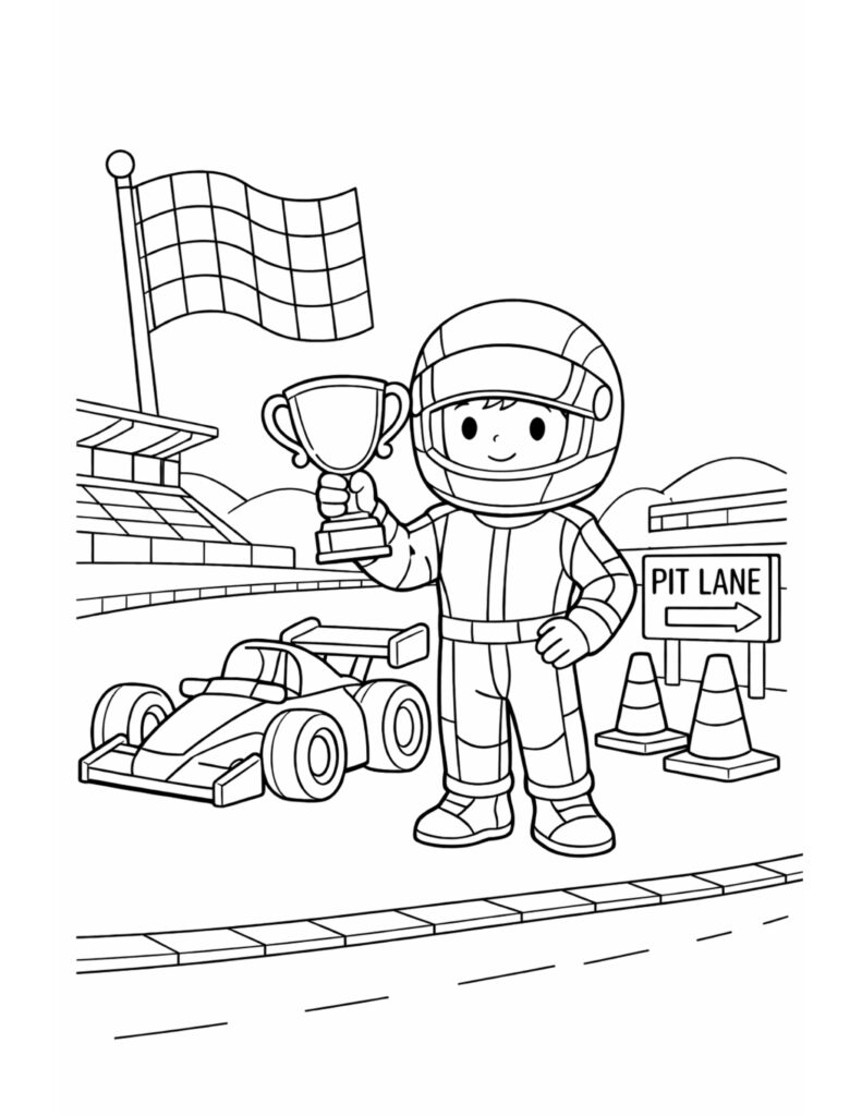 race driver holding trophy coloring page with a checkered flag, race car, cones, and pit lane sign coloring page