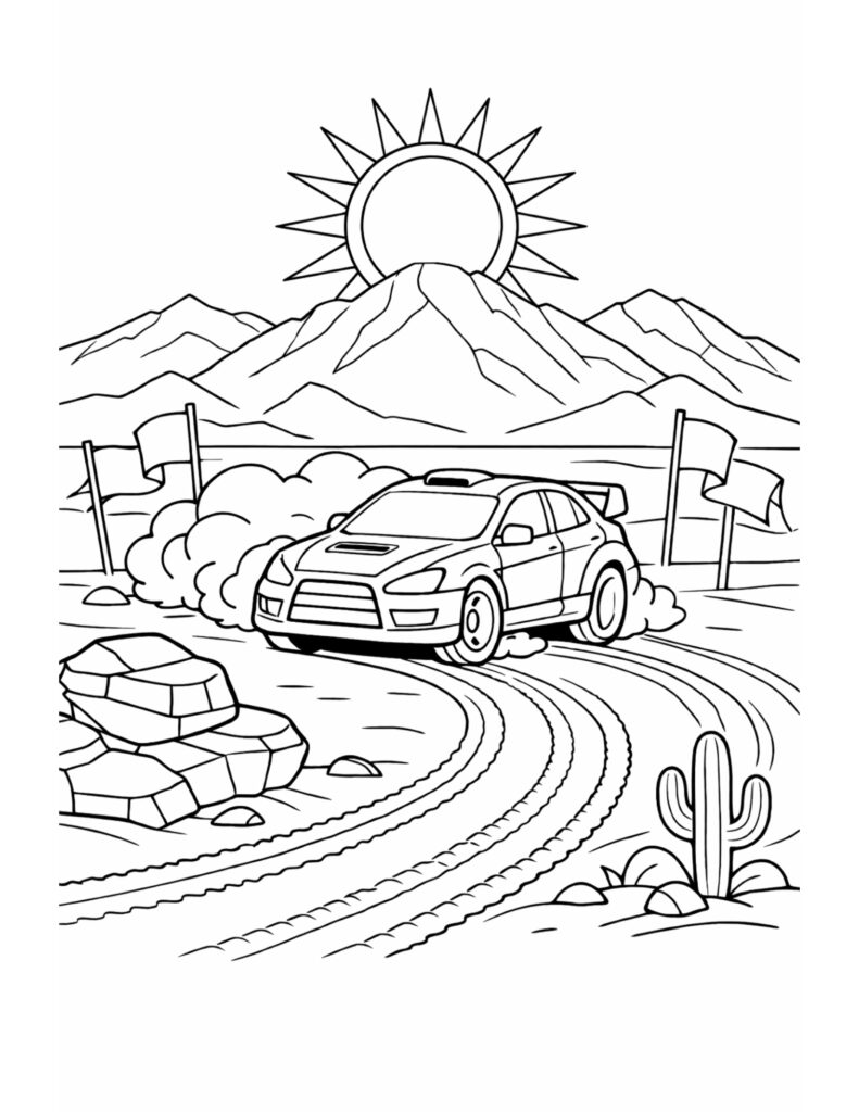 rally car drifting in desert coloring page with dust clouds, track marks, mountains, flags, and a cactus coloring page