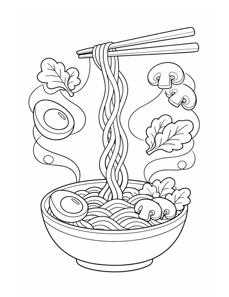 ramen noodles lifted with chopsticks coloring page with a steaming bowl, mushrooms, and leafy greens coloring page