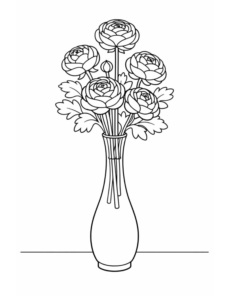 ranunculus bouquet in tall vase coloring page with layered blooms, leafy stems, and a simple table line coloring page