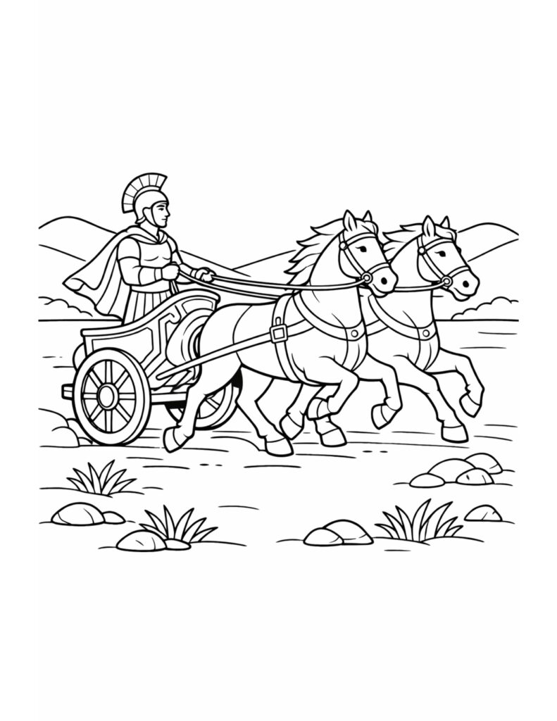 roman chariot racing scene coloring page showing a warrior driving a chariot pulled by horses coloring page